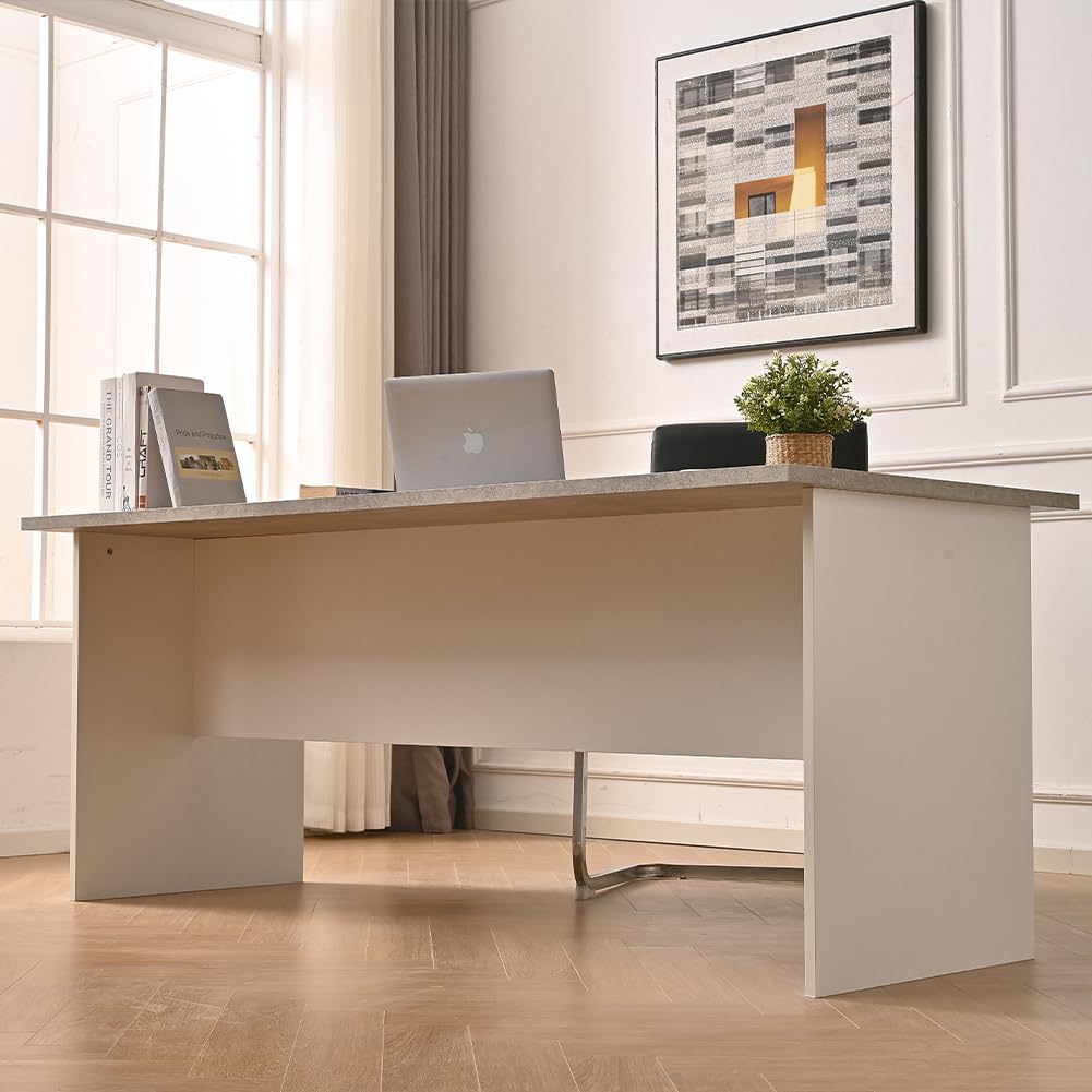 Shally Dogan Scrivania da Ufficio in Legno per Computer, Tavolo Desk Porta PC per Studio, Lavoro, Cameretta, Home Office Stile Moderno, Resistente agli Urti, 160x80x74cm (Cemento e Bianco)