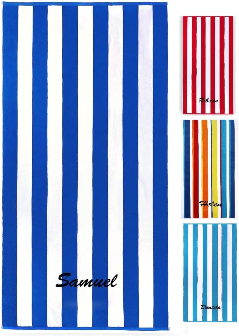 Kaufman - Personalized 32in x 62in Joey Velour Cabana Stripe Beach and Pool Towel 100% Cotton Embroidered (Blue)