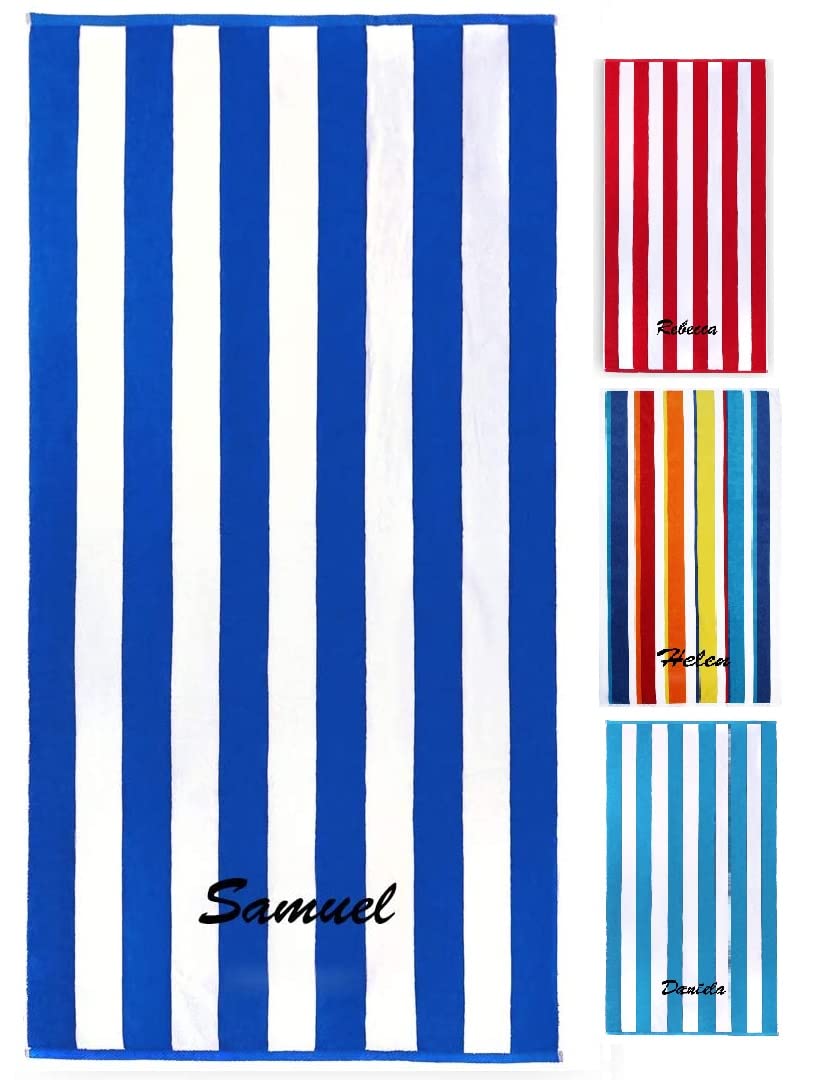 Kaufman - Personalized 32in x 62in Joey Velour Cabana Stripe Beach and Pool Towel 100% Cotton Embroidered (Blue)