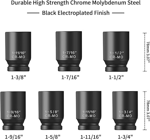 Miniatura 3 de TONYNOL Juego de llaves de impacto profundo de 12 pulgada, 6 puntos, SAE (12 unidad de 1-38 pulgadas a 1-34 pulgadas), 7 piezas, Cr-Mo, juego de