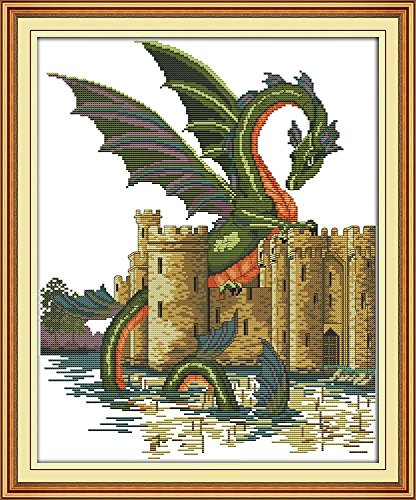 CaptainCrafts New Cross Stitch Kits Patterns Embroidery Kit - Dragon and Castle (White)