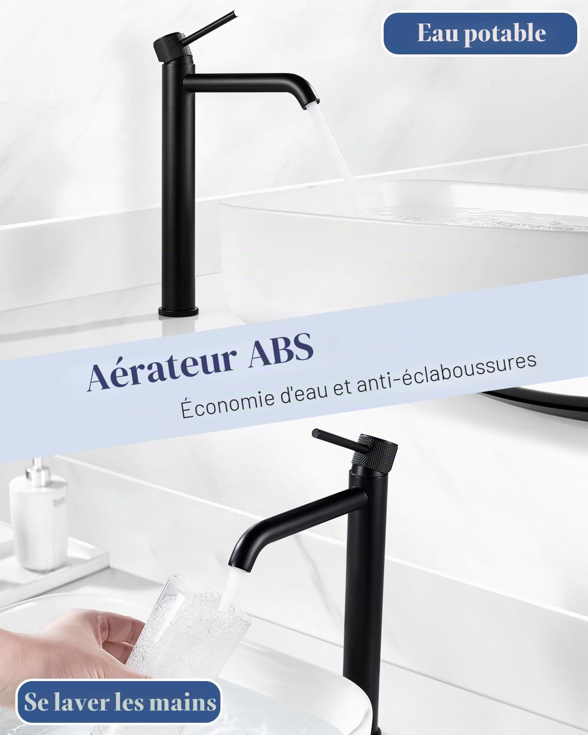 Mitigeur de Lavabo, Robinet Lavabo Haut Noir, Modern Robinetterie de Salle de Bain Monocommande, Rond Robinet Salle Bain avec Hauteur de Bec 290 MM