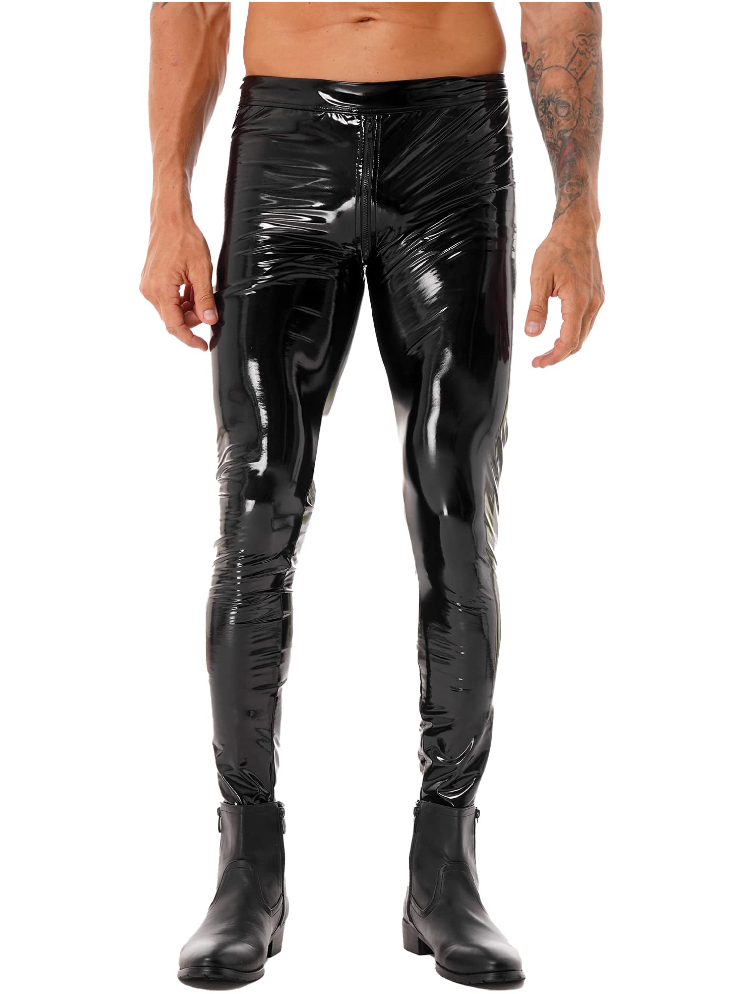 MSemis Herren Lack Leder Hose Pants Wetlook Leggings Skinny mit Reißverschluss Elastisch Lackoptik Lederhose Slim Fit