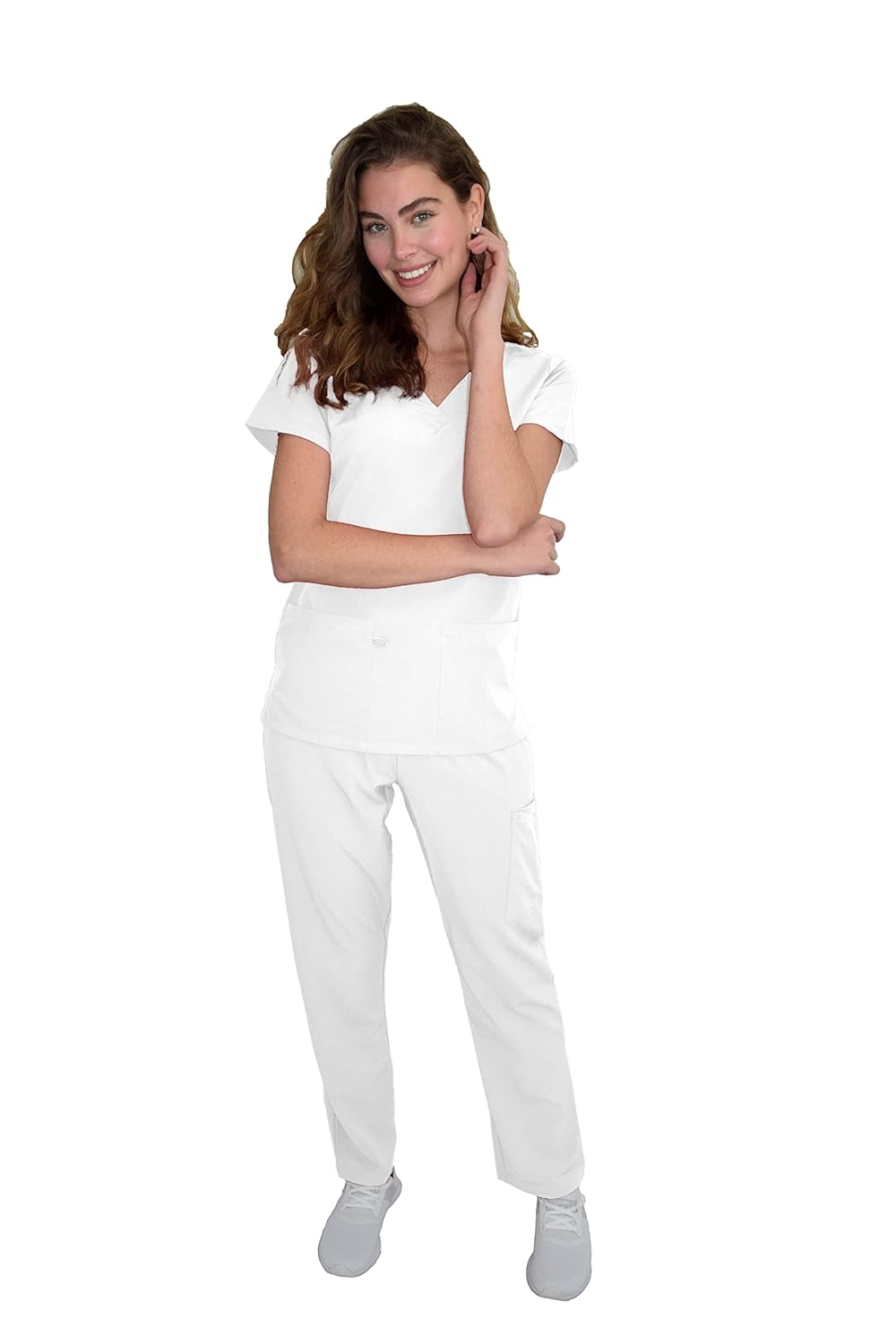 Green Town Scrubs for Women Scrub Set - V-Neck Top and Straight Leg Pant, 5 Pockets, Easy Care-White-Large - Image 6