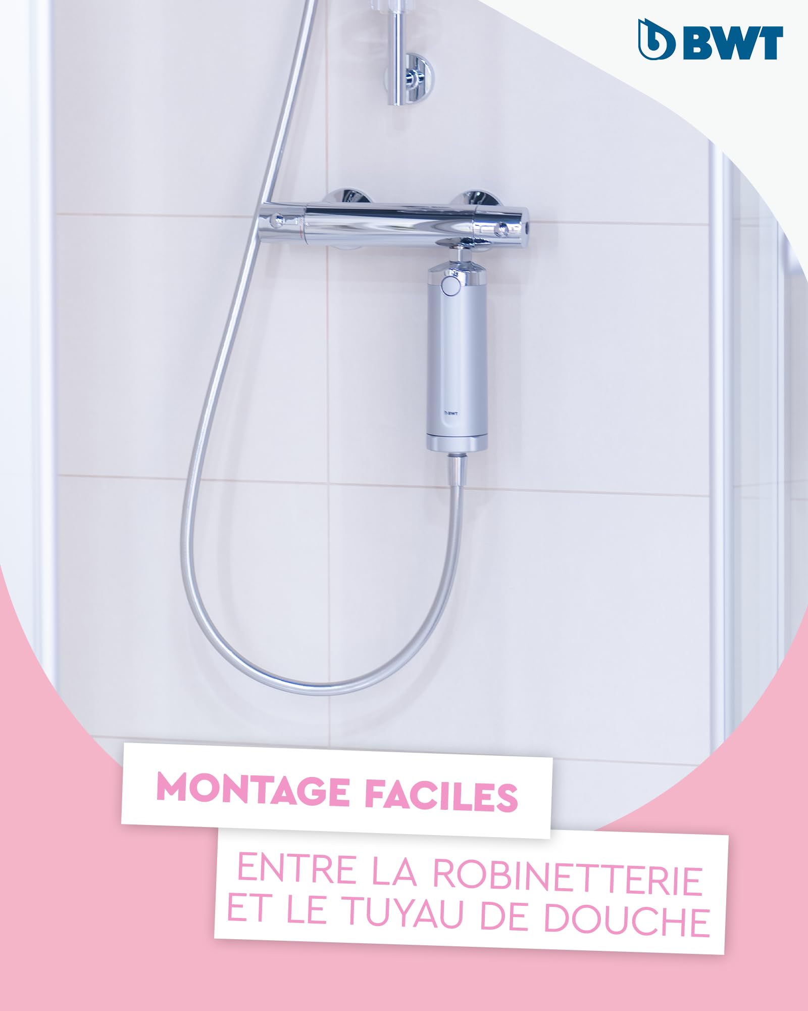 BWT Système de filtration anti-calcaire Quick & Clean - Nettoyage par simple pression d'un bouton pour un bain sans calcaire - Filtre de douche avec 4 cartouches filtrantes