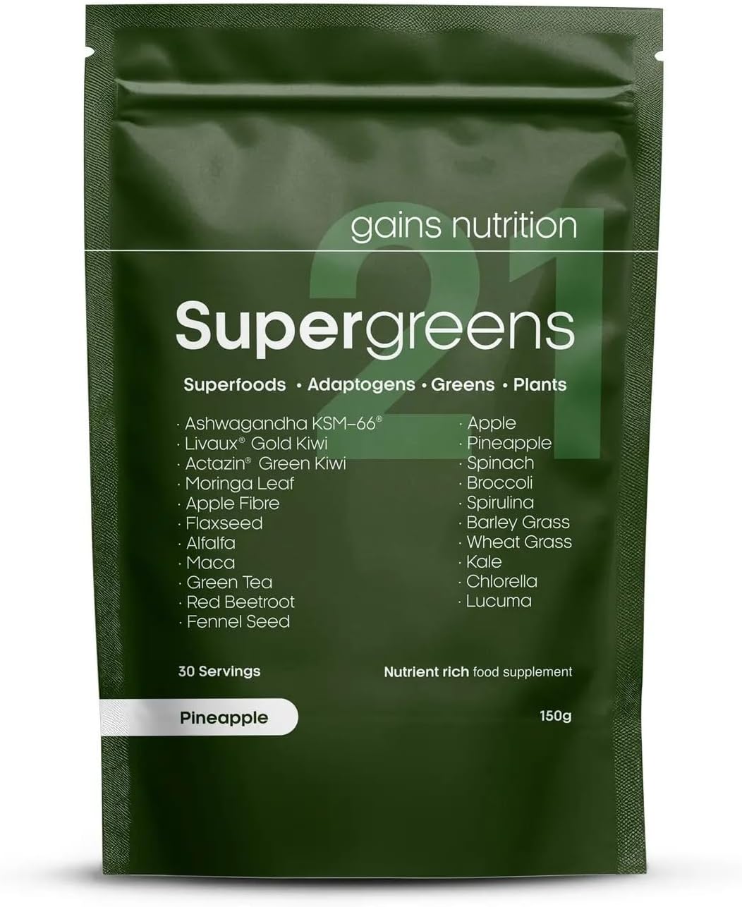 GN Super Greens 21 Powder (150g) with KSM-66 Ashwagandha, Actazin & Livaux Golden Kiwi, Alfalfa & More | Superfood - Pineapple Flavour Supergreens | Made in The UK