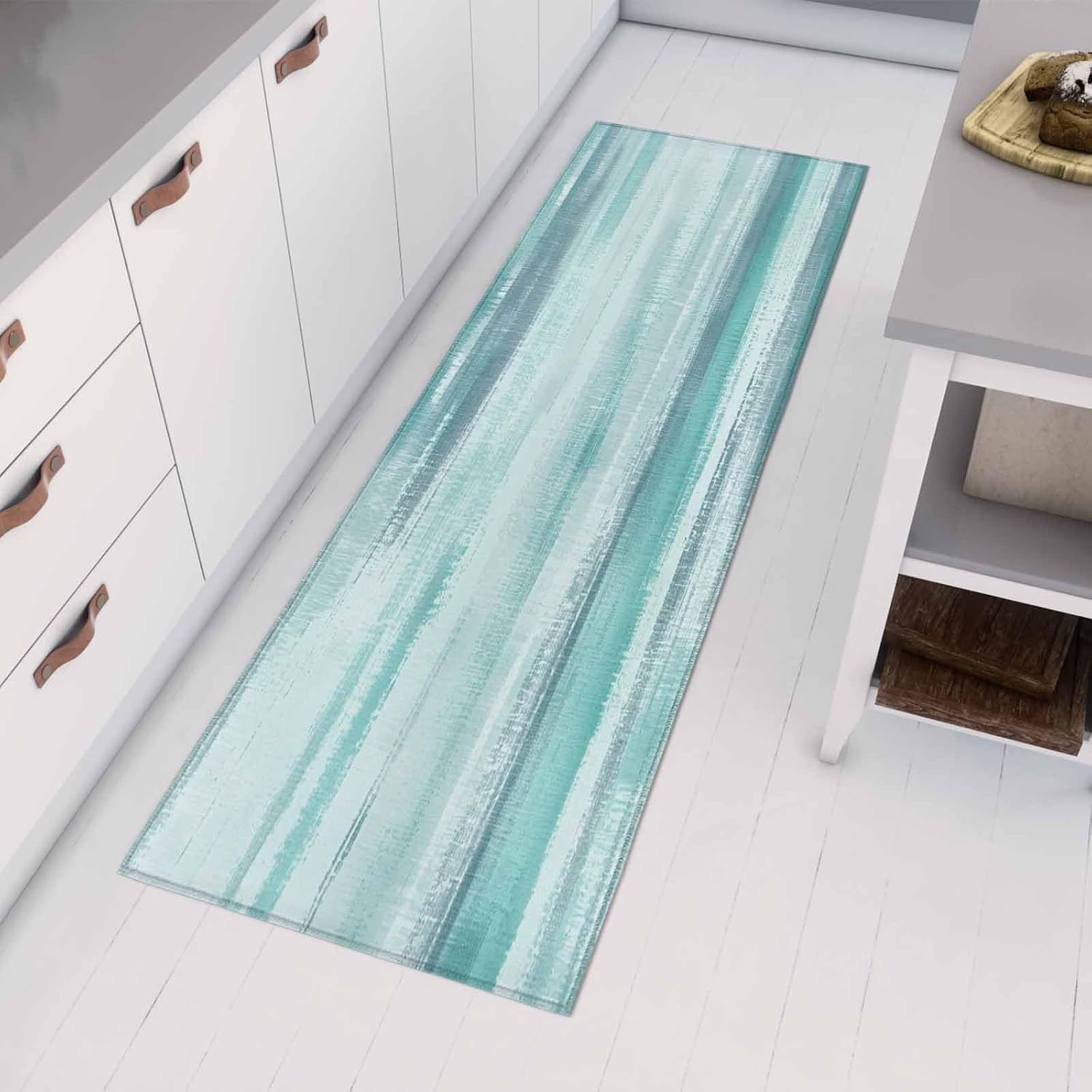 Teamery Kitchen Mats for Floor Abstract Teal White Ocean Waves Washable Non Slip Kitchen Rugs 1PCS, Modern Minimalist Art Absorbent Standing Mats for Sink Bathroom Office Living Room 23.6x70.9in