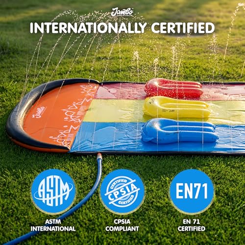 Image of JAMBO 25Ft Premium XXL Slip Splash and Slide with 3 Bodyboards, Heavy Duty Water Slide- Advanced 3-Way Sprinkler System, Splash Mat Splash Pad Backyard Waterslide Outdoor Water Toys n Slides for Kids