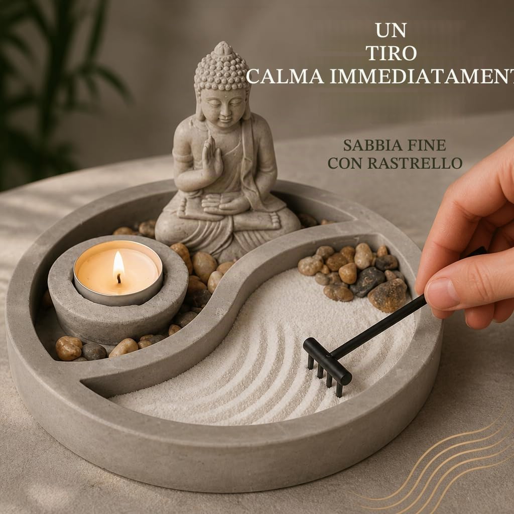 Mijoma Statuetta di Buddha su piatto di cemento con porta candeline, rastrello, pietre decorative e sabbia, set da giardino Zen per la pace e l'armonia (Ø 19 cm)