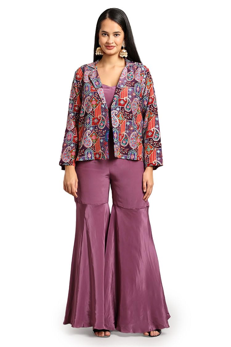 anytime couture 3-Piece Ethnic Set, Multicolour Paisley Print Jacket with Purple Crop Top and Flared Trousers-picture-35