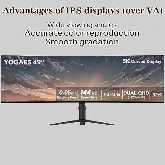 YOGAES 49 Inch Curved Ultrawide Monitor 5120x1440 Dual QHD, 3800R IPS Gaming Screen, HDR400, USB-C, Built-in Speakers, Height Adjustable Stand, VESA 100x100, G-Sync Compatible (144hz)