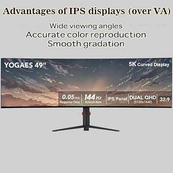 YOGAES 49 Inch Curved Ultrawide Monitor 5120x1440 Dual QHD, 3800R IPS Gaming Screen, HDR400, USB-C, Built-in Speakers, Height Adjustable Stand, VESA 100x100, G-Sync Compatible (144hz)