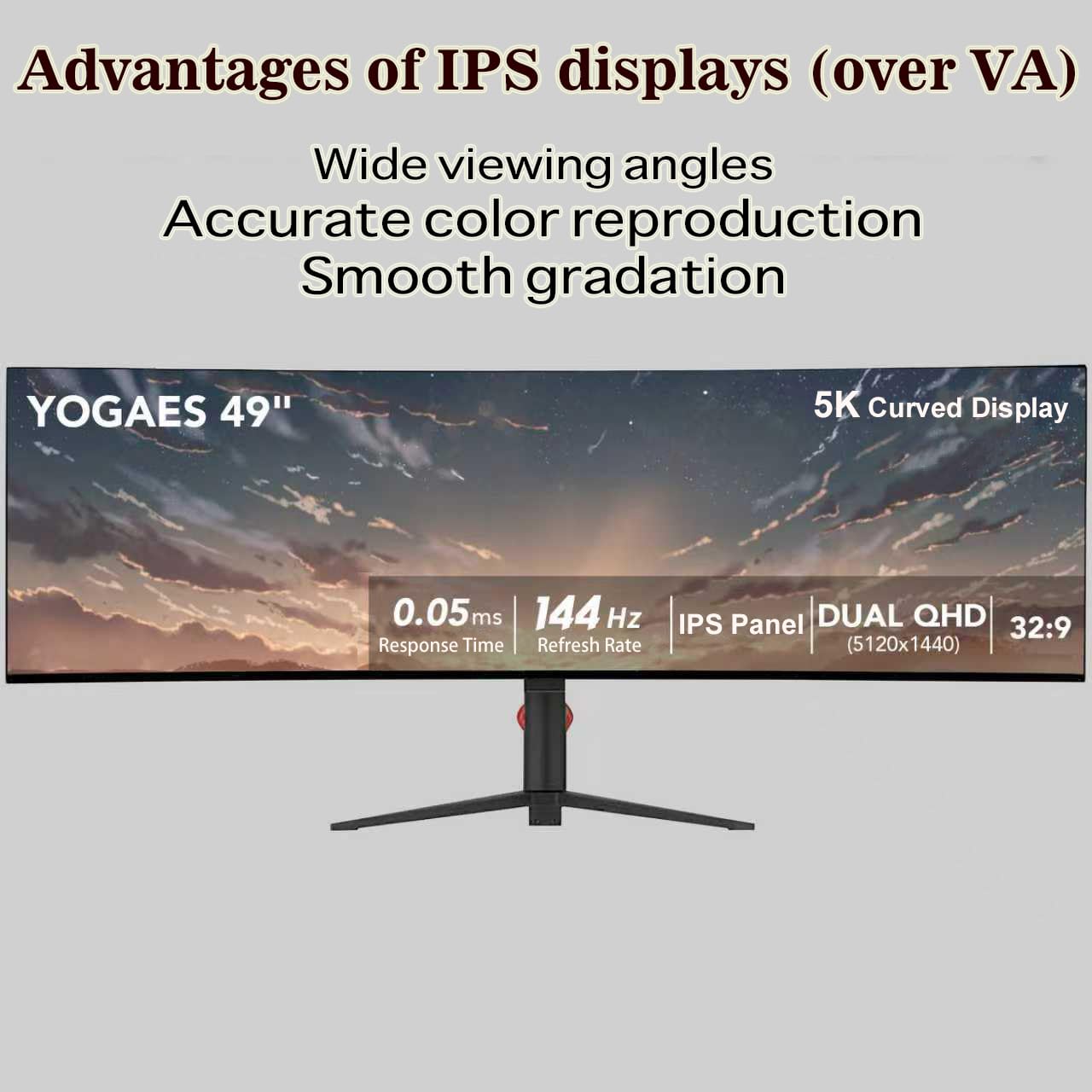 YOGAES Monitor Curvo Ultrapanorámico 49", 5120x1440 Dual QHD, IPS 3800R, HDR400, USB-C, Altavoces Integrados, Ajuste de Altura, VESA 100x100, Compatible con G-Sync(144hz)