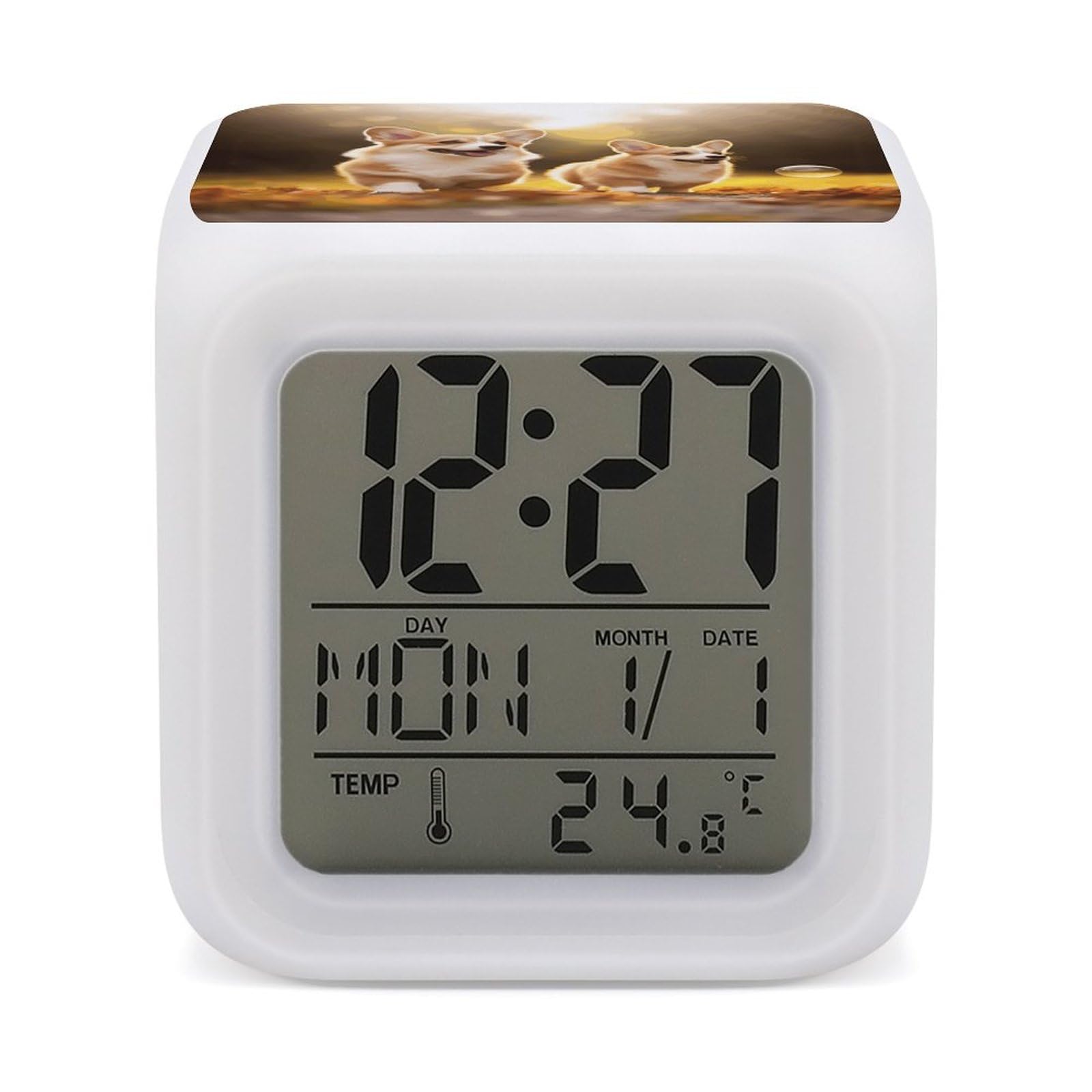 JTREHY 7 Color Changing LED Digital Alarm Clock,Cute Corgi Dog Printed Wake-up Clock with Temperature Display Home Decoration Alarm Clock for Bedroom Office
