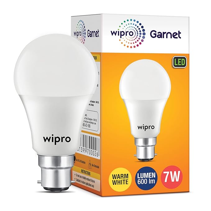 wipro Garnet 7W LED Bulb for Home & Office |Warm White (2700K) | B22 Base|220 degree Light coverage |4Kv Surge Protection |400V High Voltage Protection |Energy Efficient | Pack of 1