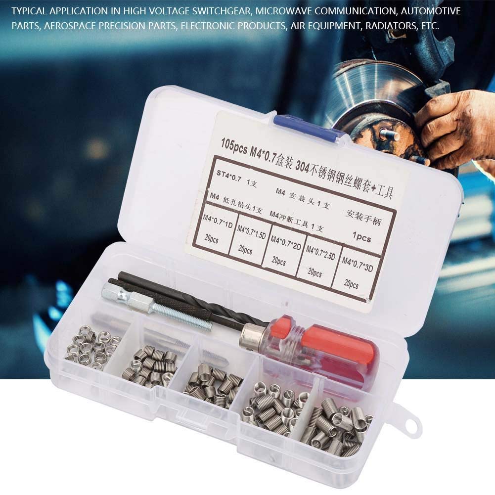 105pcs Threaded Inserts Repair Kit Stainless Steel Helicoil Type Wire Insert Installation Set (M4 x 0.7)