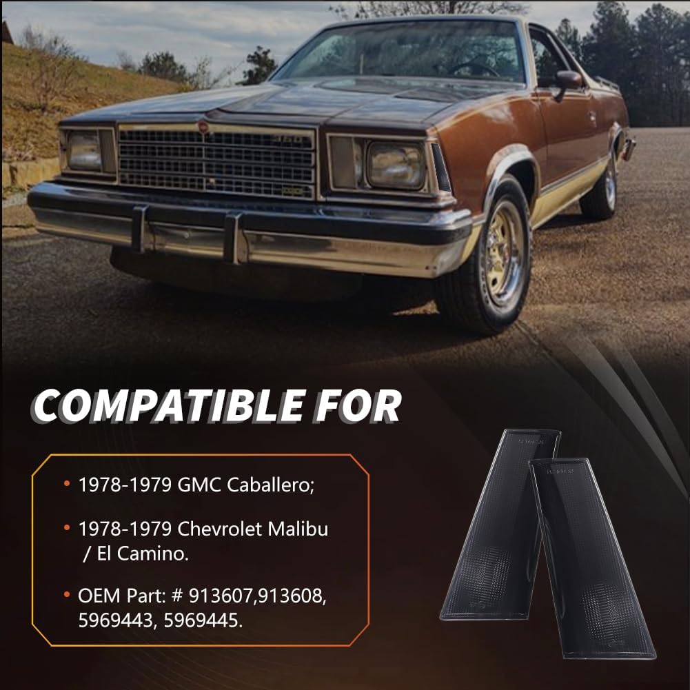 Front Side Marker Lights Housing Compatible with 1978-1979 GMC Caballero, 1978-1979 Chevro-let Malibu/El Camino, [DOT] [IP67 Waterproof] Turn Signal Marker Light Cover [No Bulbs], Smoked Lens
