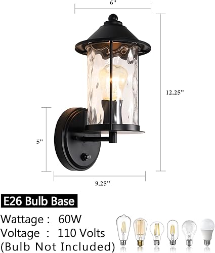 Miniatura 4 de BD028-1-BK - Lámpara de pared para exteriores, del atardecer al amanecer, aplique de pared negro mate con vidrio martillado, linterna de pared