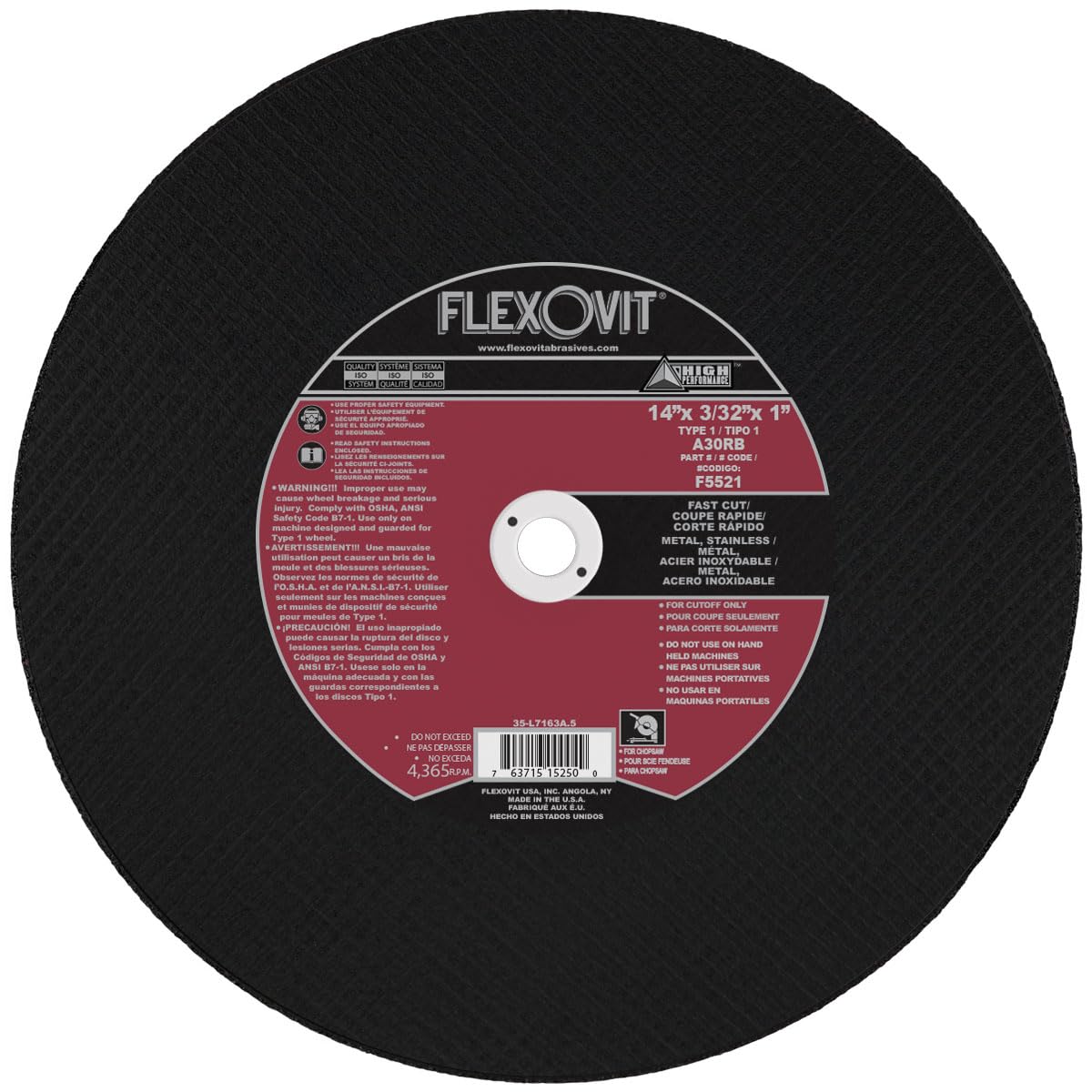 Flexovit® 14" X 3/32" X 1" HIGH Performance™ 30 Grit Aluminum Oxide Grain Reinforced Type 1 Cut-Off Wheel (F5521 Pack of 10)