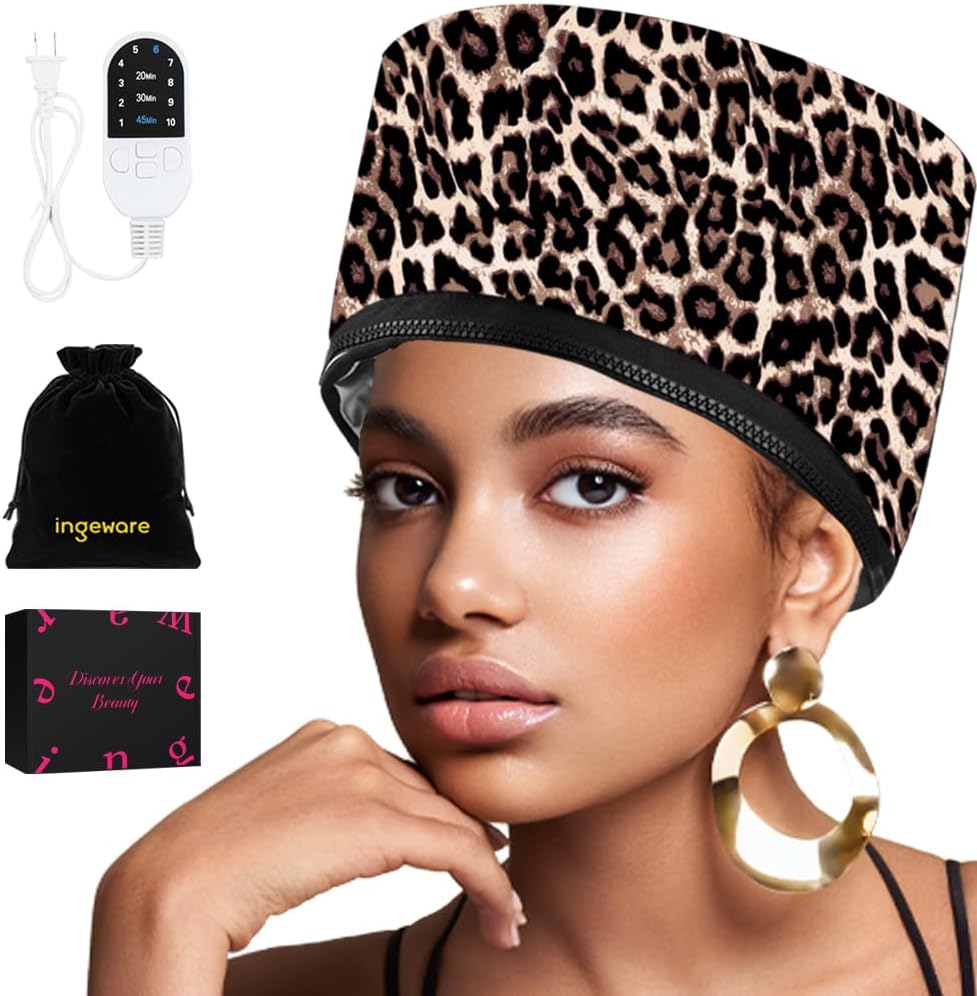 Heat Cap for Deep Conditioning, Ingeware Thermal Cap for Hair Steamer Cap for Natural Hair Portable Electric Heat Hair Spa Cap for Home Use Pattern (Leopard Print)