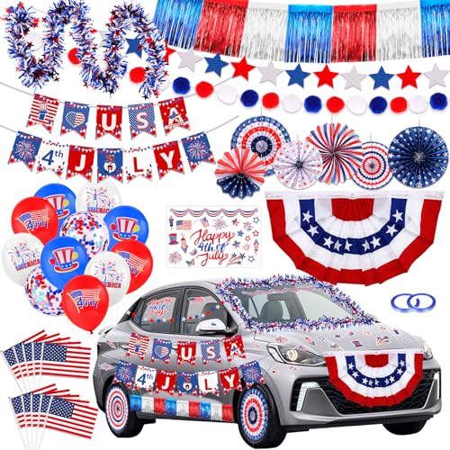 HOWAF 4th of July Parade Car Decoration Kit Red White Blue Independence Day Party Bicycle Decoration Bulk- USA Flags Balloons Car Stickers Foil Curtain Tinsel Garlands Paper Fans