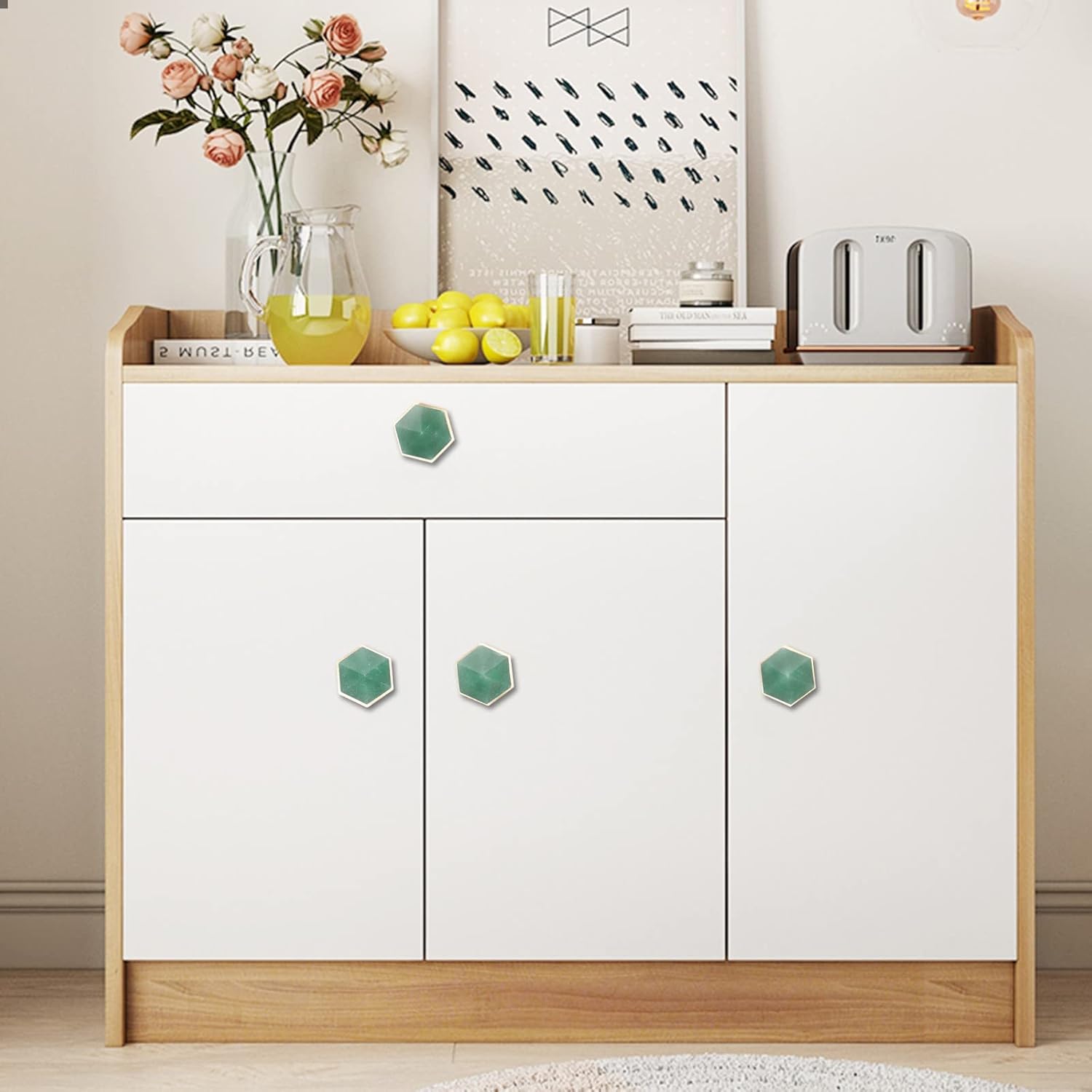 Amogeeli 2pcs Hexagonal Green Aventurine Stone Cabinet Knobs with Screws, Decorative Faceted Hexagon Crystal Knob Set for Drawer Closet Dresser Cupboard