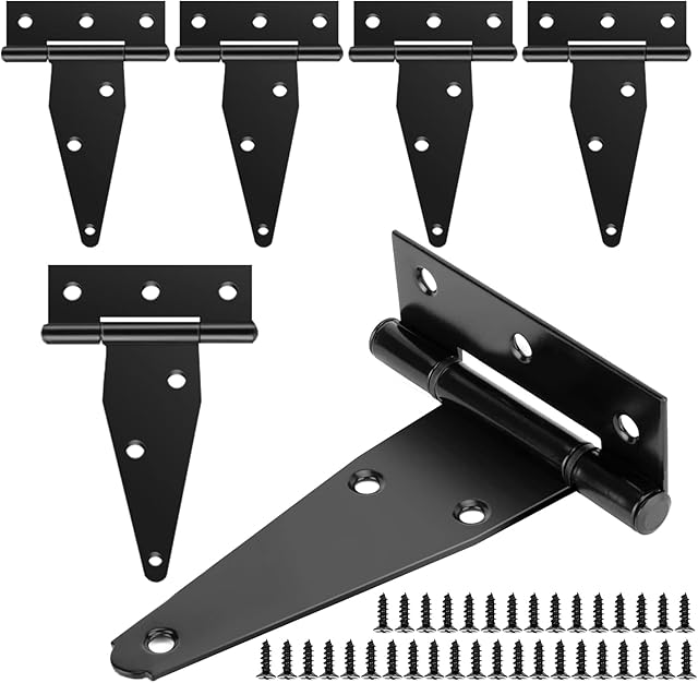 Shed Door Hinges, Heavy Duty T Hinges 4Inch/100mm Outdoor Metal T Strap Gate Hinges with Screws, Black Tee Hinges for Wood Bran Doors Graden Fences, 6 Pack