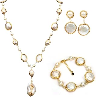 Baroque Pearl Necklace Set Handcrafted 18K Gold Work Around Silk. Delicate Pearl Necklaces for Women Set are Made Up of 10-15mm Baroque Pearls, Which Give Them a Unique and Stylish Look.
