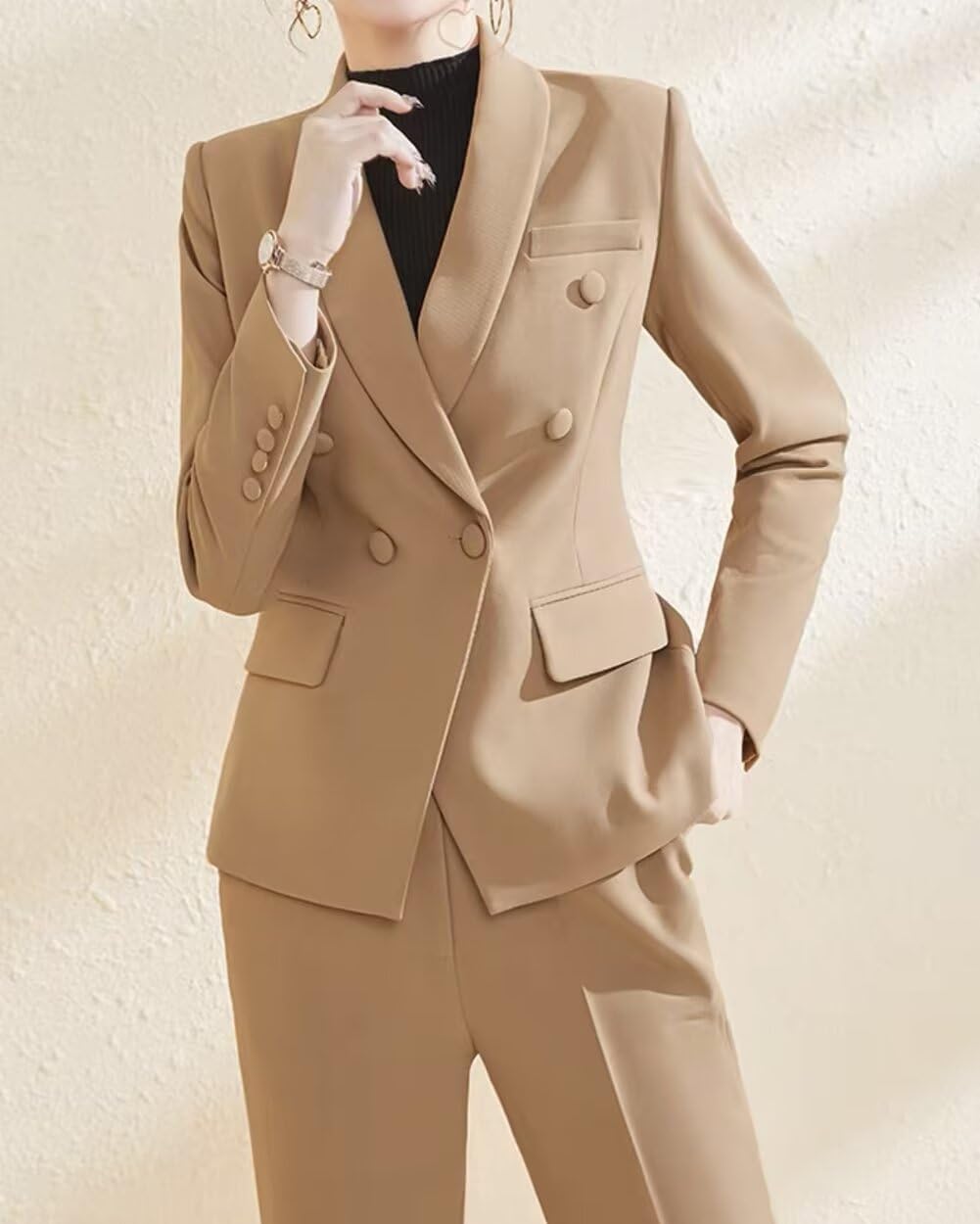 Women's 2 Pieces Pant Suit Set Long Sleeve Blazer Jacket Double Breasted Business Suit for Work