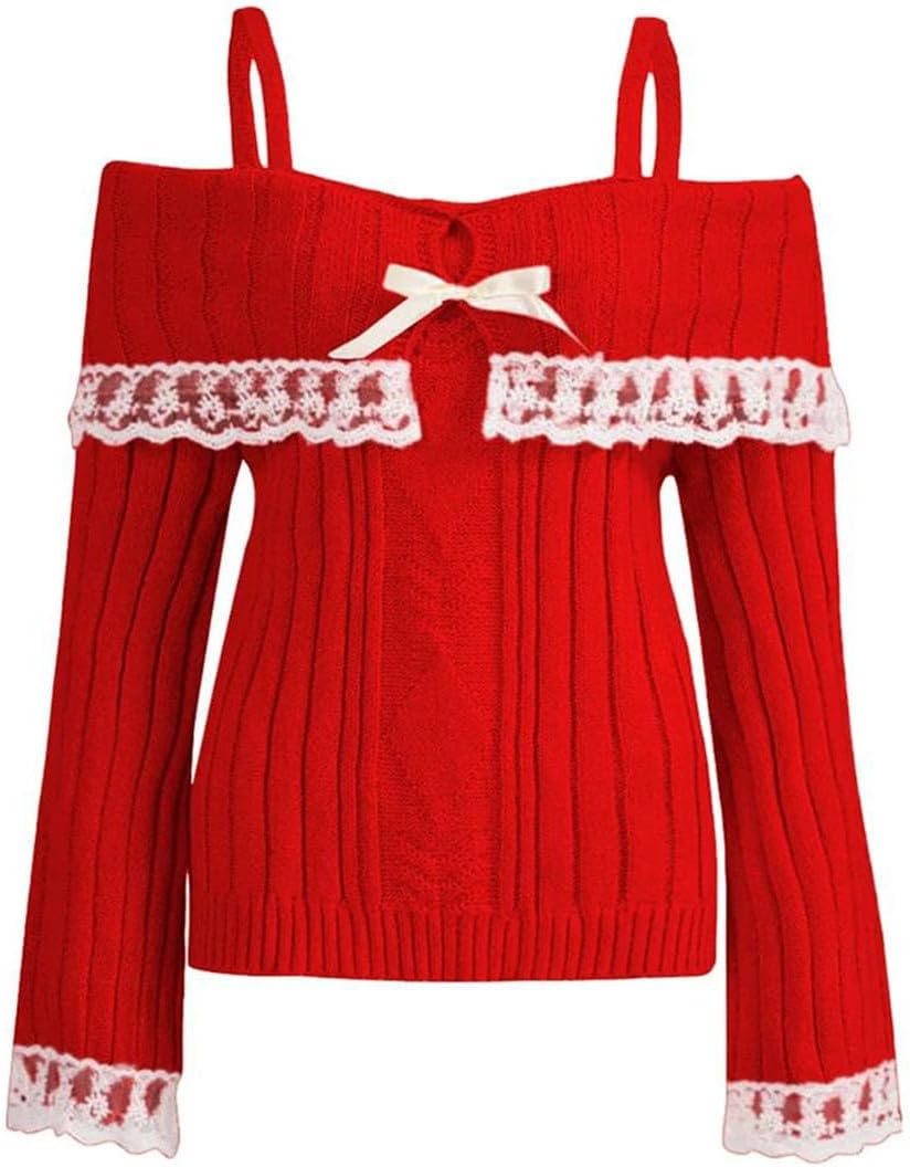 Women's Cold Shoulder Sweaters Long Sleeve Knit Pullovers Bow Front Fall Winter Jumpers Tops
