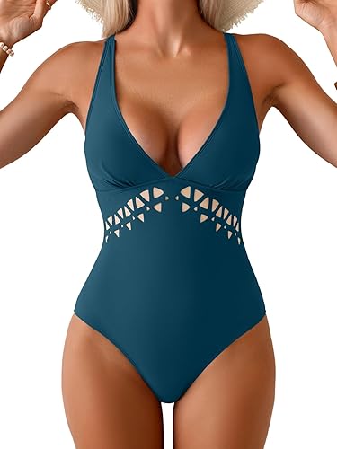 Aidonger Women's One Piece Swimsuit Tummy Control V Neck Bathing Suit Cutout Swi