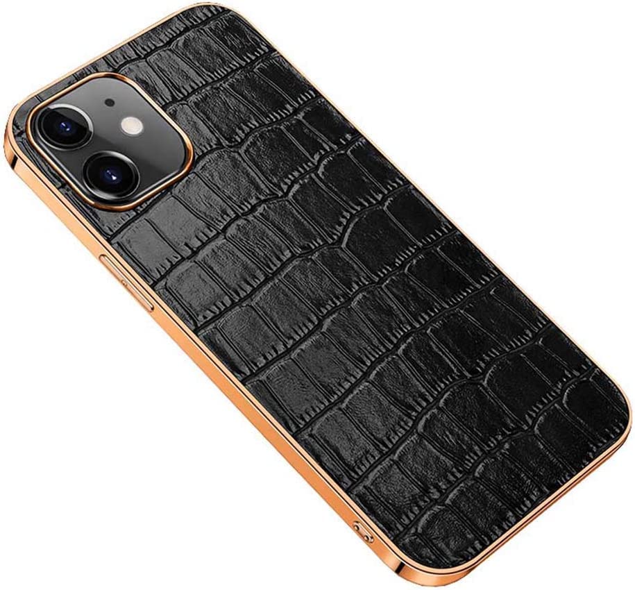 Coque iPhone 12 en cuir crocodile noir et cadre doré chic