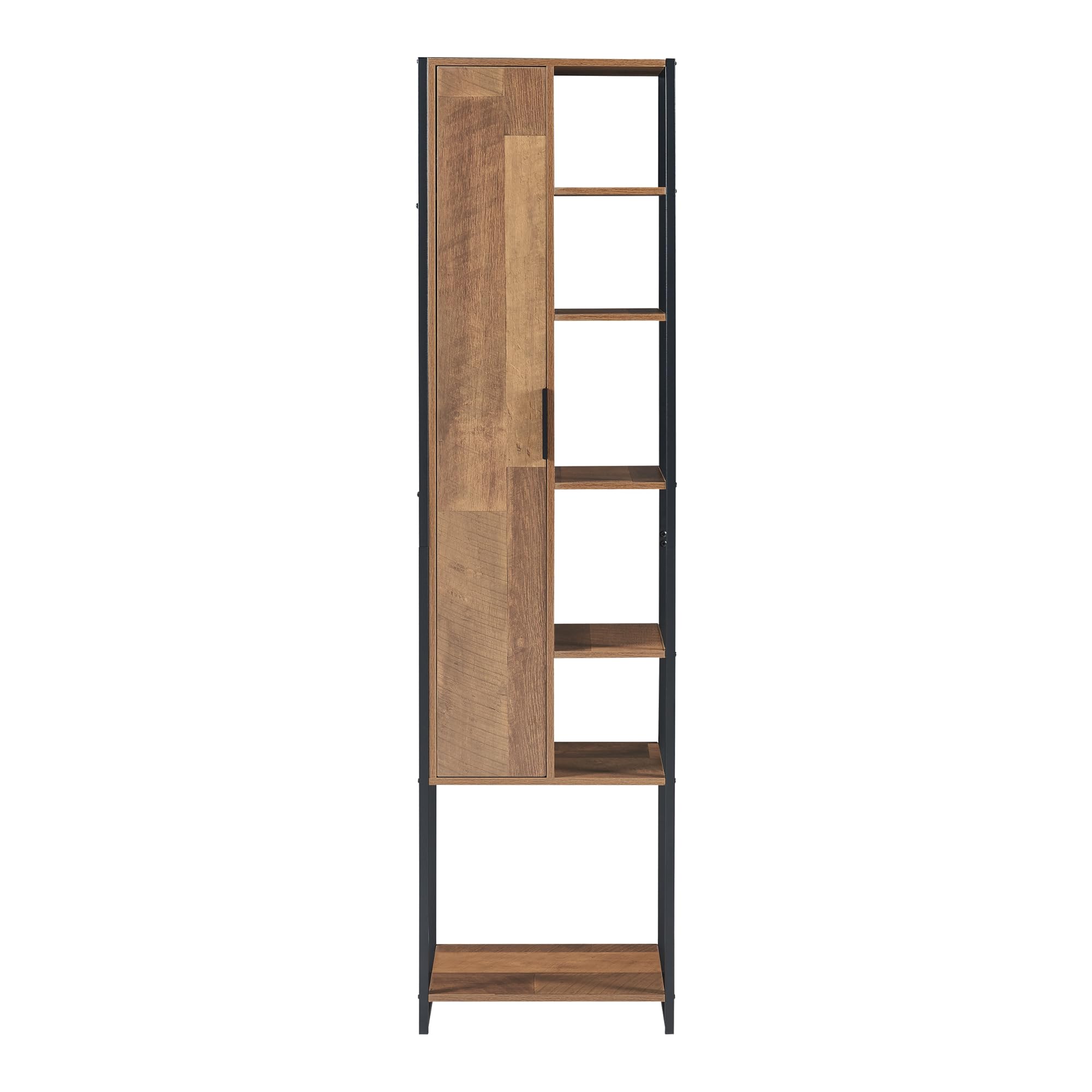 [en.casa] Mobile a Colonna per Bagno Armadio Alto Stretto con Anta e Ripiani Arredo Bagno 165 x 42,5 x 30 cm Nero/effetto Legno Intarsiato color Noce