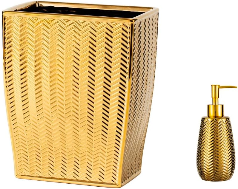 Golden Bathroom Modern Decoration 2-Piece Bathroom Accessories Bath Set Trash Can and Soap Dispenser，Ceramic，Wavy Design Gold Decor
