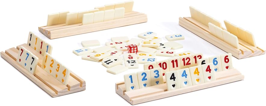 Upgraded Digital Rummy Card Games, 4 Player Travel Version with 4 Wooden Racks & 106 Melamine Tiles, Ideal Gifts for Men and Women