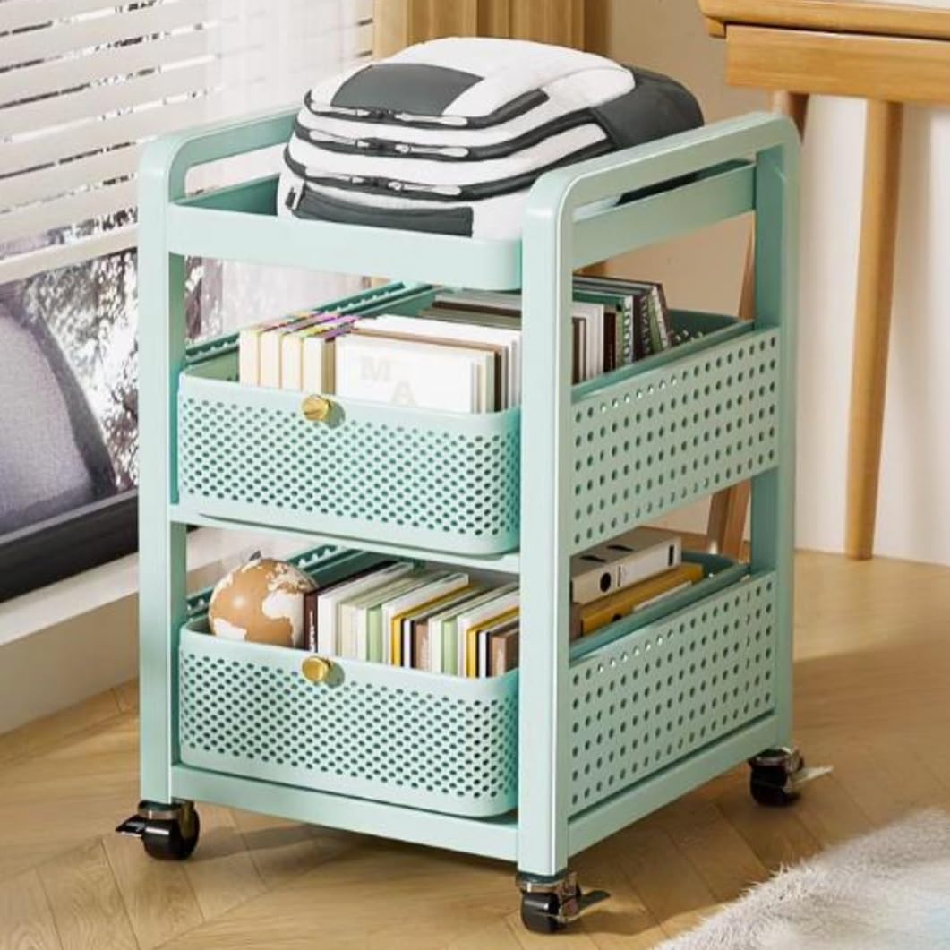 YVYKFZD Metal Slim Storage Cart, 2/3/4-Tier Narrow Storage Cabinet, Rolling Utility Cart with Drawer and Wheels, Mobile Kitchen Carts, Space Saving Bathroom Organizer(Cyan,3 Tier 12.5"x15.7"x26.3")
