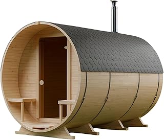 Fasssauna Garten Outdoor Sauna aus nordischer Fichte – Verschiedene Größen (2–6 Personen) – Wahlweise mit Holz- oder Elektroofen – Inkl. Zubehörset (340 cm, Runde, Holzofen)