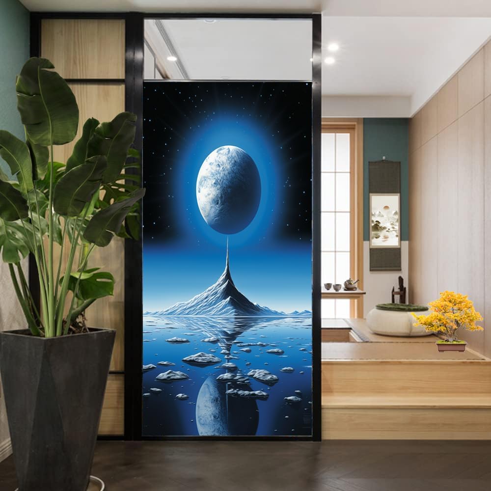 Magical Earth Landscape Stained Glass Window Film Fantasy Scenery Modern Style Privacy Window Film Glass Door Covering Non-Adhesive Window Stickers for Bathroom Kitchen 35.4Wx63L