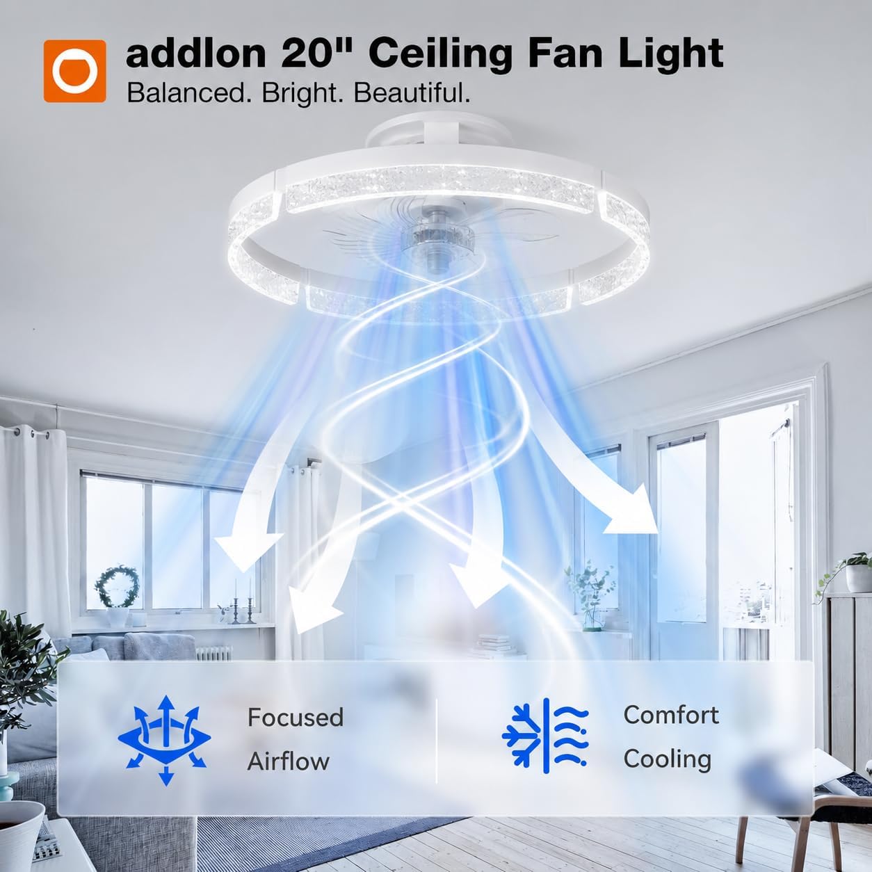 addlon 20 Ceiling Fans with Lights and Remote, Low Profile Fandelier