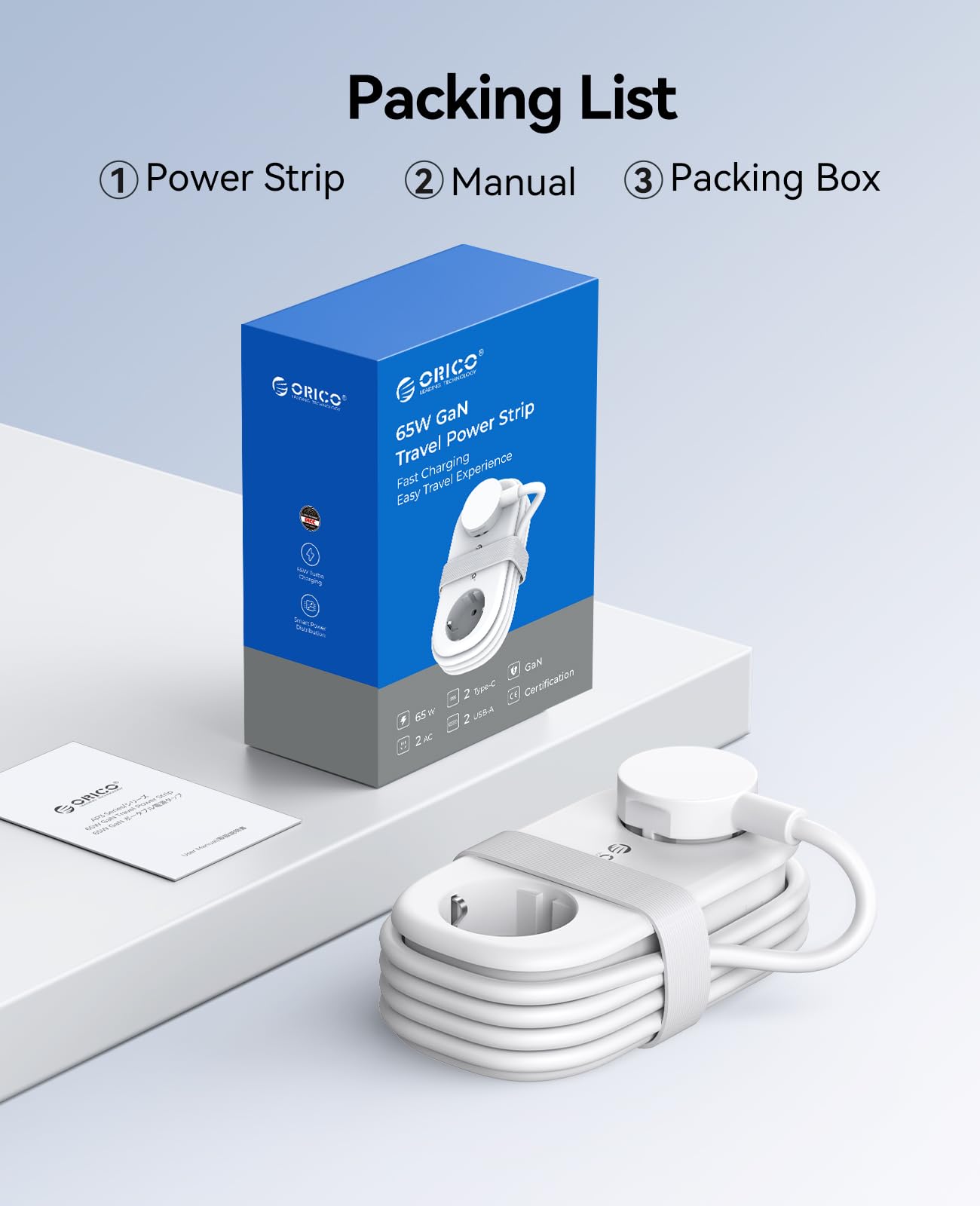 ORICO 65W GAN Enchufe Múltiple de Viaje con USB-C, 6-en-1 Regleta de Carga Rápida con 4 USB, Regleta con Cable de 1.6m Retráctil para MacBook, iPad, Móvil, Viajes - AP3 Blanco