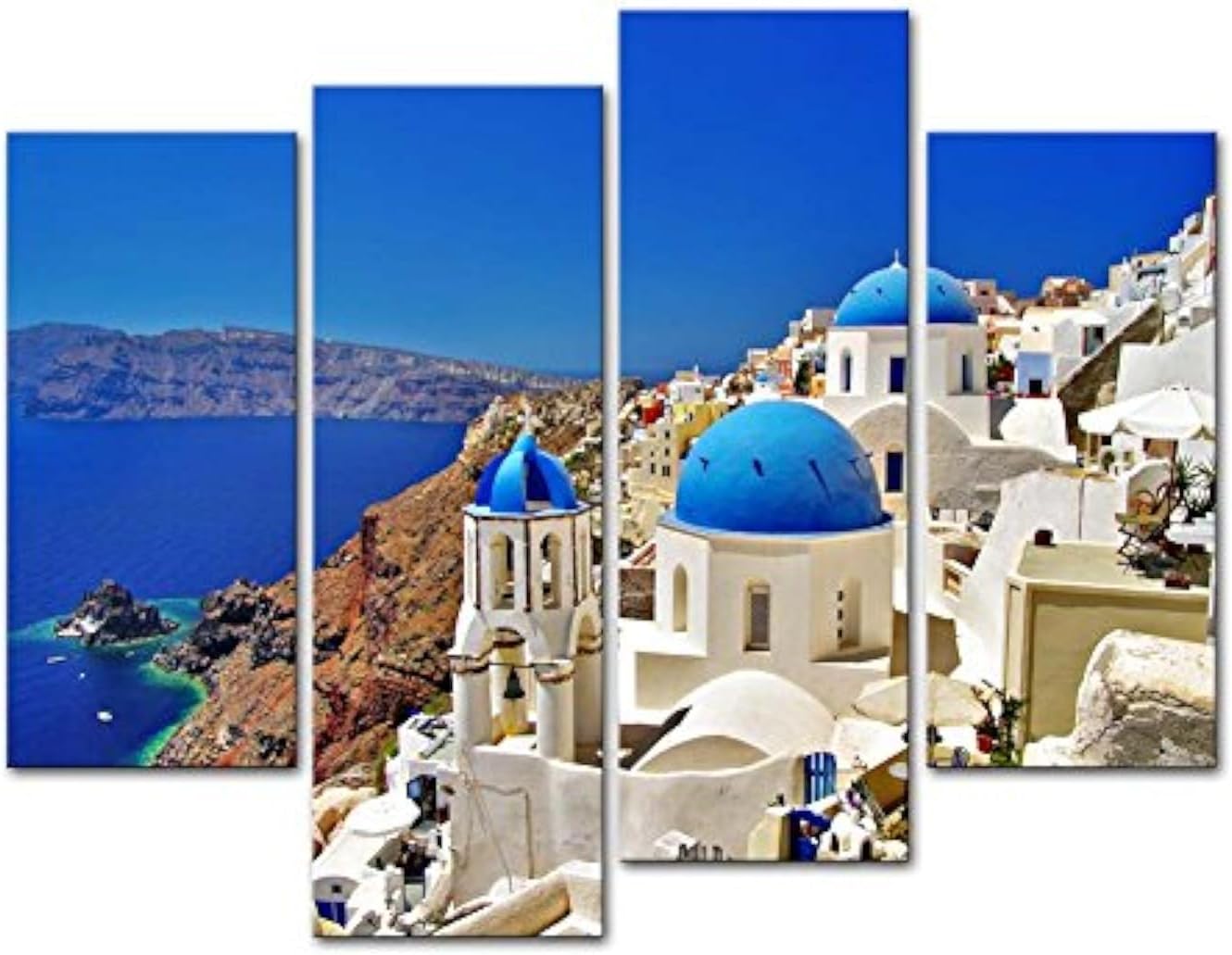 Canvas Print Wall Art Painting For Home Decor,Oia Town On Santorini Island, Greece. Traditional And Famous White Houses And Churches With Blue Domes Over The Caldera, Aegean Sea 4 Piece Panel Paintings Modern Giclee Stretched And Framed Artwork The Picture For Living Room Decoration,Landscape Pictures Photo Prints On Canvas