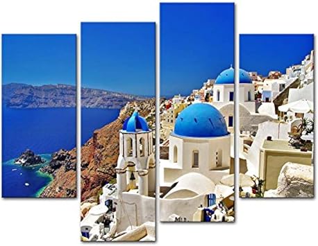 Canvas Print Wall Art Painting For Home Decor,Oia Town On Santorini Island, Greece. Traditional And Famous White Houses And Churches With Blue Domes Over The Caldera, Aegean Sea 4 Piece Panel Paintings Modern Giclee Stretched And Framed Artwork The Picture For Living Room Decoration,Landscape Pictures Photo Prints On Canvas