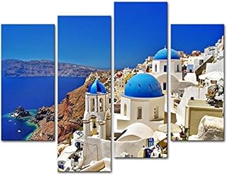 Canvas Print Wall Art Painting For Home Decor,Oia Town On Santorini Island, Greece. Traditional And Famous White Houses And Churches With Blue Domes Over The Caldera, Aegean Sea 4 Piece Panel Paintings Modern Giclee Stretched And Framed Artwork The Picture For Living Room Decoration,Landscape Pictures Photo Prints On Canvas