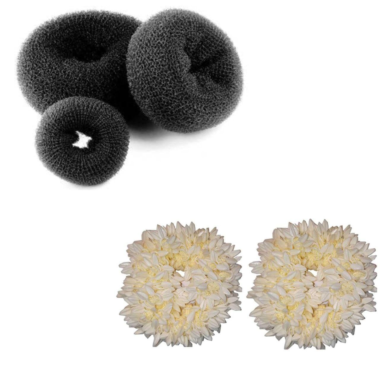 Manrav Set of 5 Hair Donut All 3 Different Sizes With 2 Pcs Hair Mogra Scented Rubber Band Gajra (White) Accessories Hair Donut Bun Maker Juda Maker Accessories Hair Accessories (Black) (Pack Of 5)