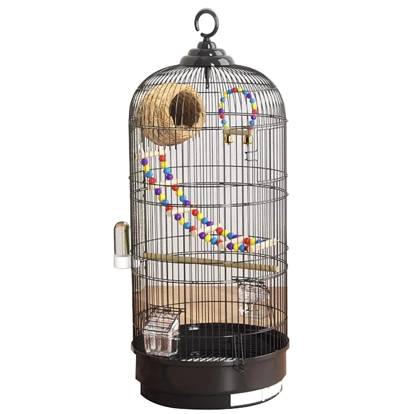 Jaula Redonda de Metal para Pájaros, Resistente y Ventilada, Jaula Loro para Agapornis, Periquitos, Voladera para Interiores y Exteriores(Black)