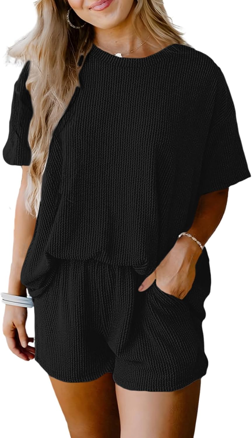 SHEWIN Two 2 Piece Sets for Women Short Sleeve Shirts High Waisted Shorts with Pockets Pajamas Lounge Matching Set