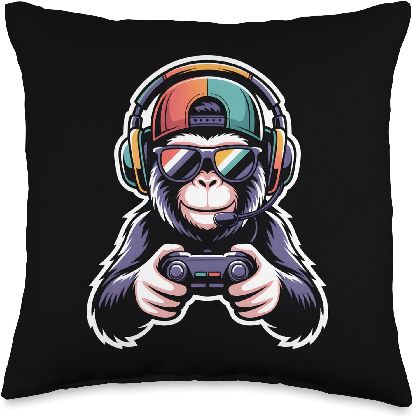 Funny Monkey Gamer Tee Gaming Headset Gamepad Video Games Throw Pillow