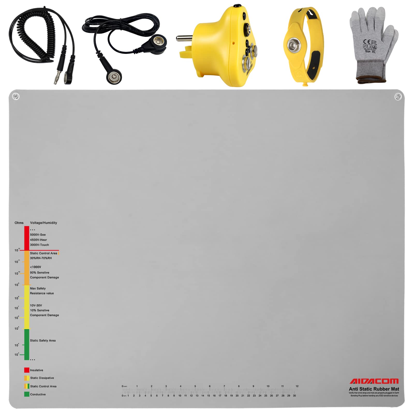 Aidacom 30x24 Inch ESD Rubber Mat, Anti Static Table Floor Pad for PC Building Electronic Device Repair Solder Assembly Work, W/H Grounding Kit- Antistatic Plug Wrist Strap Wristband Cord Gloves,Grey