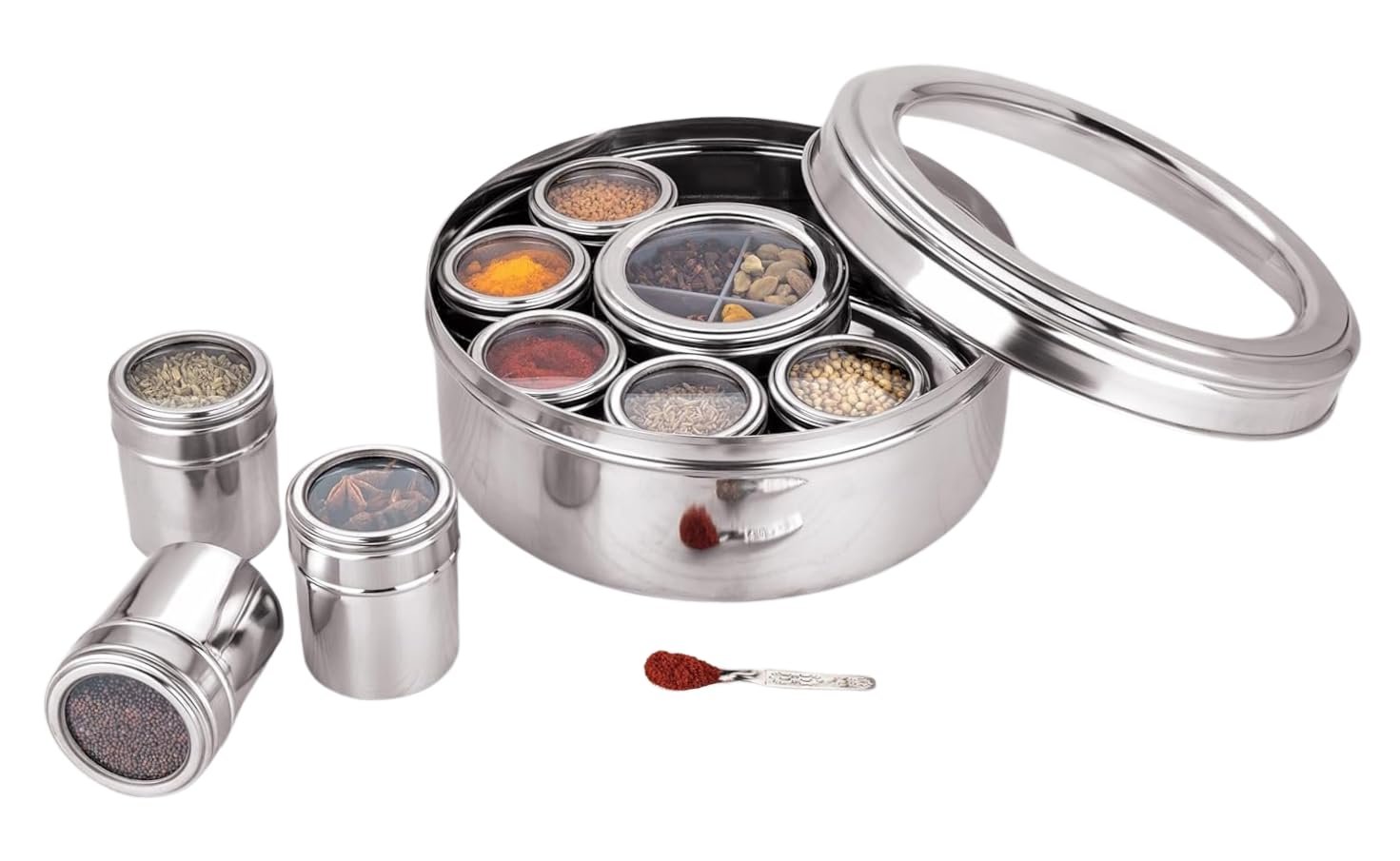 12 In 1 Stainless Steel Masala Box | Spice Box For Kitchen | Large Masala Dabba with See-Through Lid | Steel Masala Dani 2.5L Spice Organizer with 12 Compartment | 22.5cm