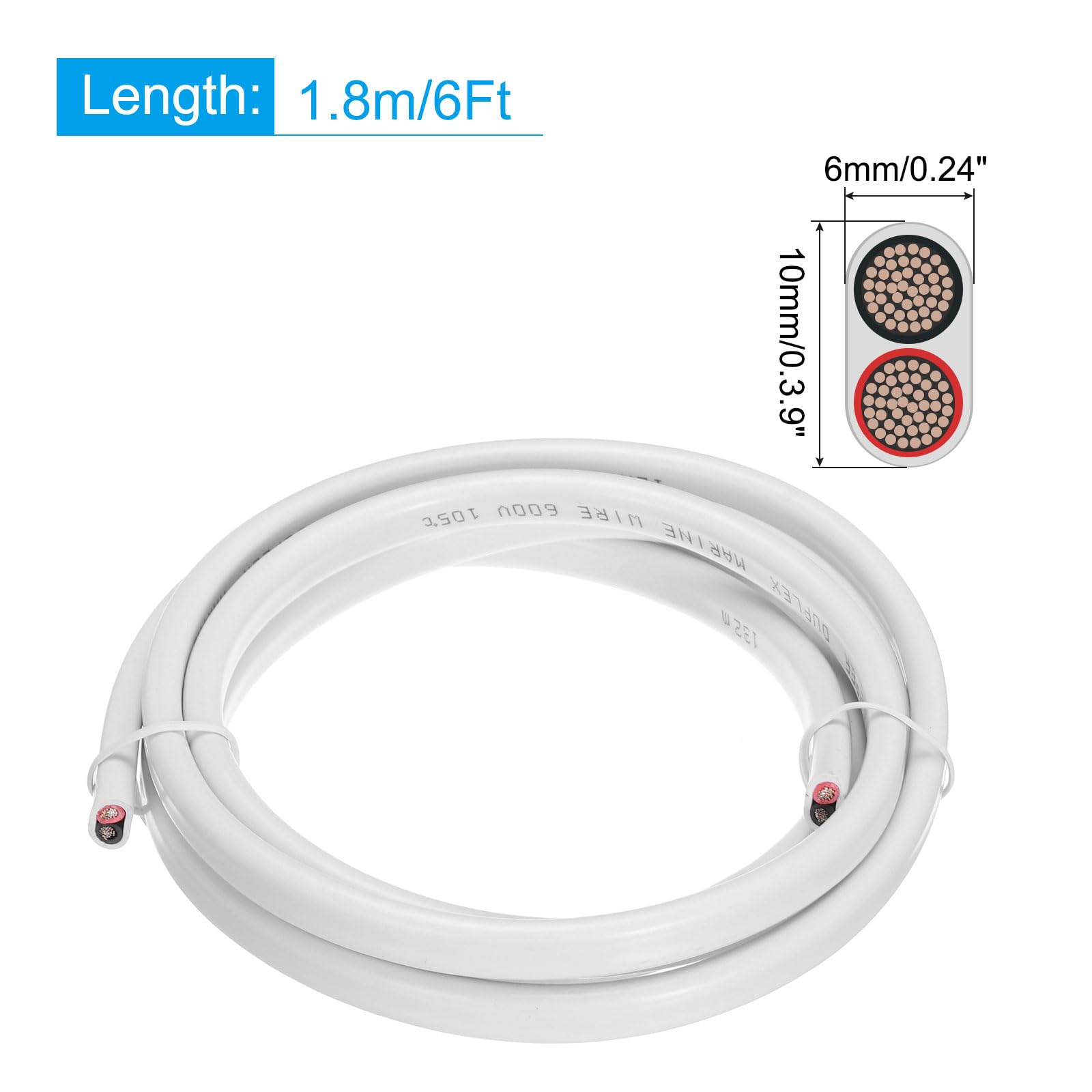 sourcing map Câble Marin Duplex à 2 Conducteurs de 12AWG, 6 Pieds, en Cuivre Étamé Isolé Avec Une Gaine en PVC pour Les Haut-Parleurs de Bateau Automobile Marin